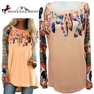MONTANA WEST Feather & Aztec Serape Print Boatneck Tunic T Shirt M, L, XL NWT
